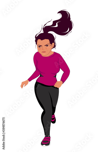 Strong athletic girl is determined to run as far as she can. She is tired, she is out of breath but still stubborn enough to finish. Feminine appearance emphasizes woman inner strength.
