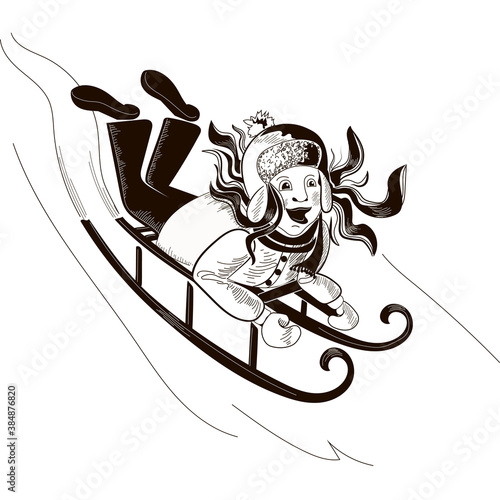 The girl is rolling down the hill on a sled, she screams with happiness, painted in black. Isolated over white background. Stock vector illustration.