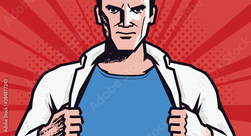 Super strong man in style comic pop art. Businessman leader vector illustration