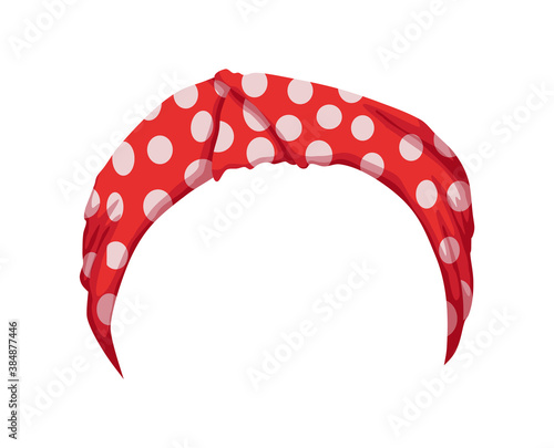 Retro headband for woman. Red bandana for hairstyle. Windy hair dressing. Mockup of decorative hair knotted vintage scarve