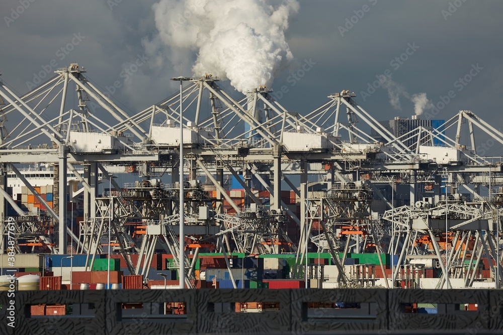 Huge system of cranes handling container cargo in the port of Rotterdam