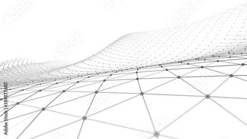 Futuristic white futuristic background. Wave with connecting dots and lines on wave background. Abstract interlacing lines and points. Digital connection of elements. Imitation waves. 3d rendering.