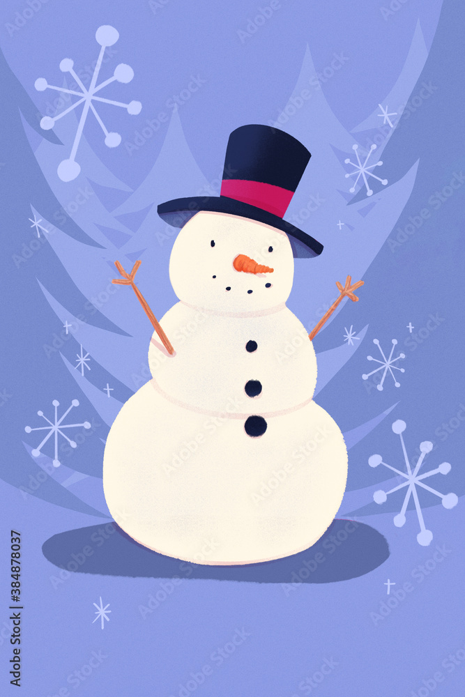 A cute snowman in a winter wonderland