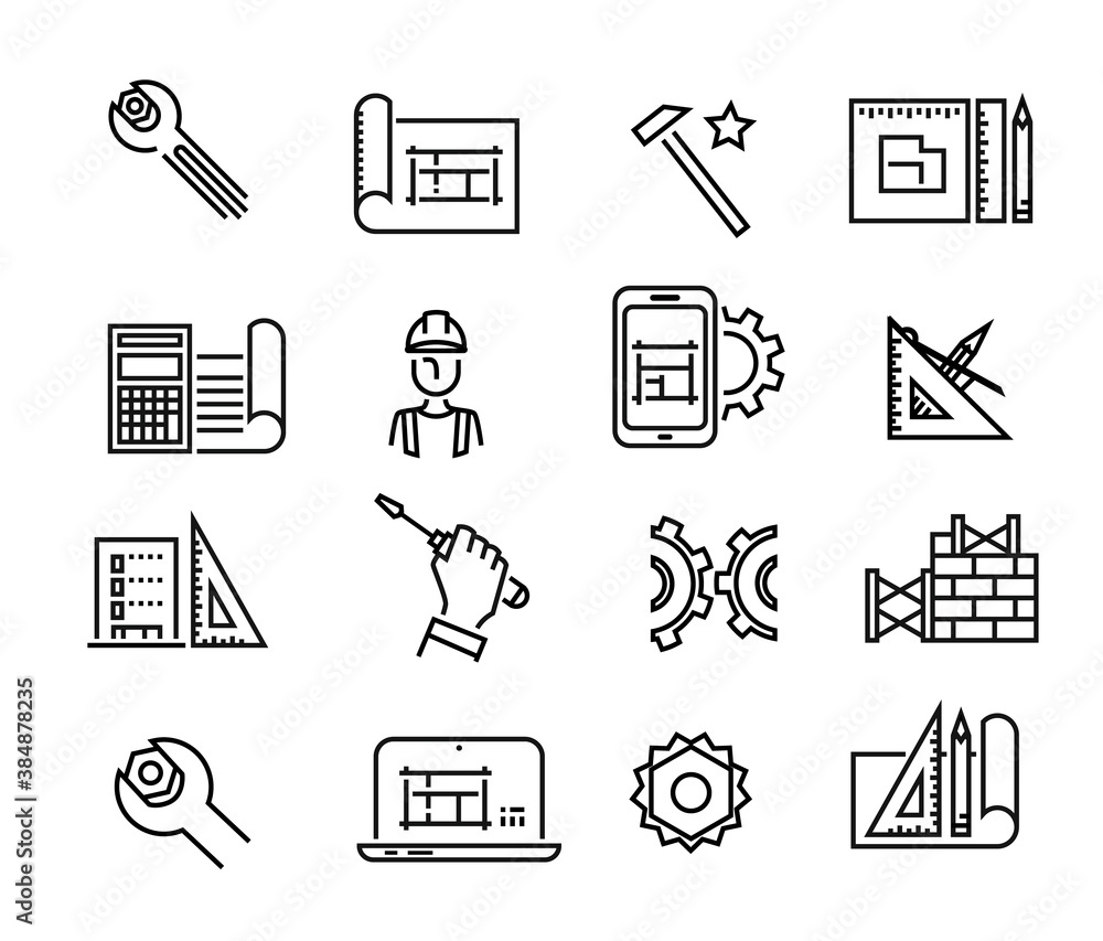 Black building icons in simple style. Building tools. Industry and building, construction icons design. Symbol for app design