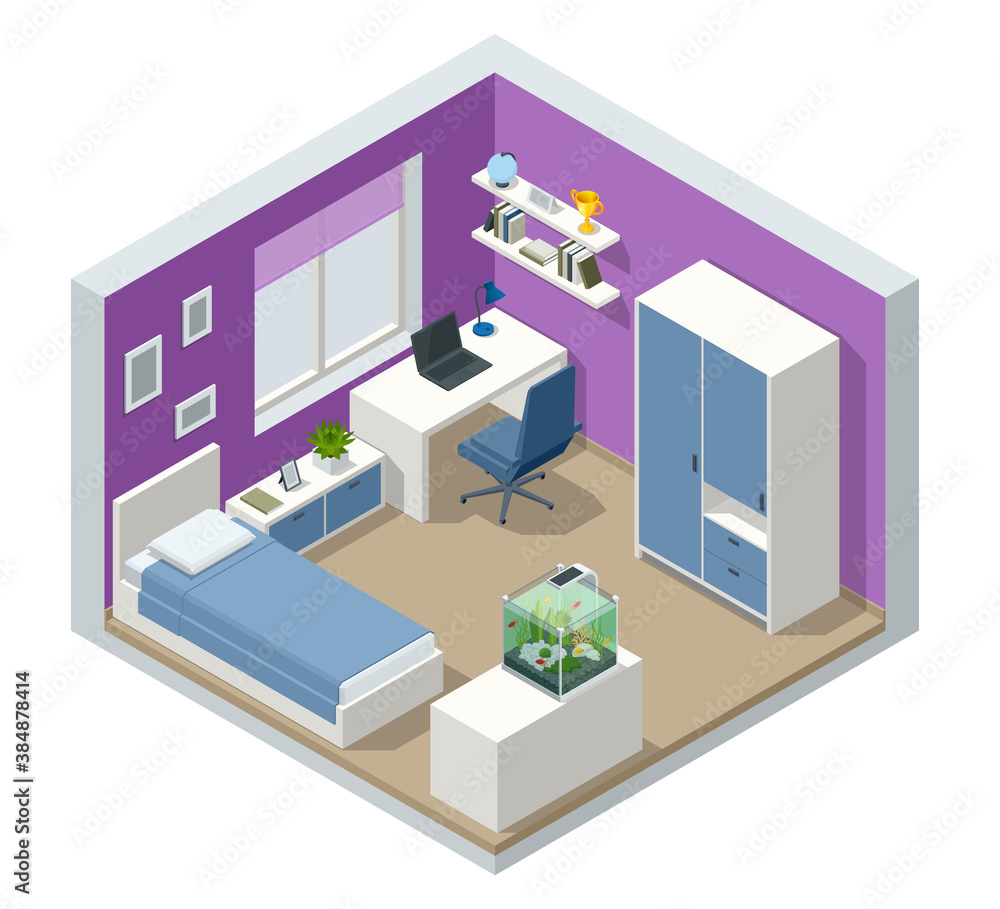 Isometirc modern teenager room interior with comfortable bed. Idea for interior decor. Interior of modern study room for teenager