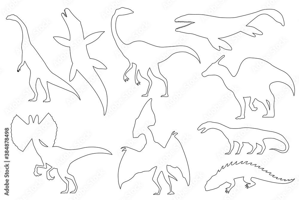 Dinosaur silhouettes set. Coloring dino monsters icons. Prehistoric reptile monsters. Vector illustration isolated on white. Black and white graphics