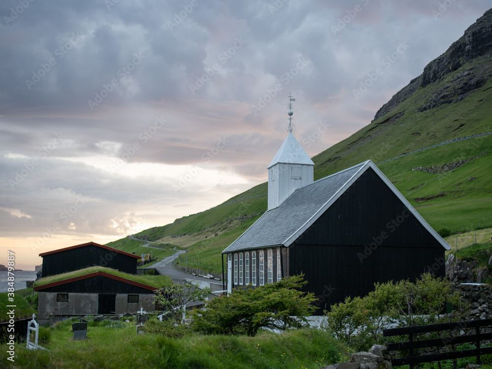 Böur Church at sunset, Faroe Islands.
