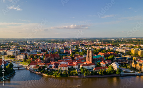 Aerial panoramic view of Wroclaw old town and Cathedral on the shore of Odra © Audrius
