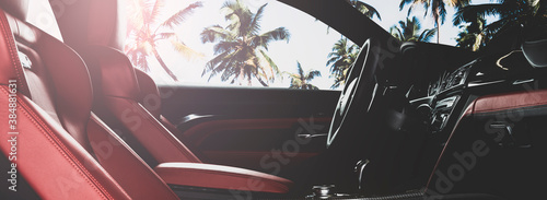 Fototapeta Naklejka Na Ścianę i Meble -  Modern  car dashboard red  perforated leather interior.  At summer time with sun and palms in the windows