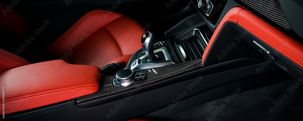 Modern luxury car Interior - steering wheel, shift lever and dashboard ...