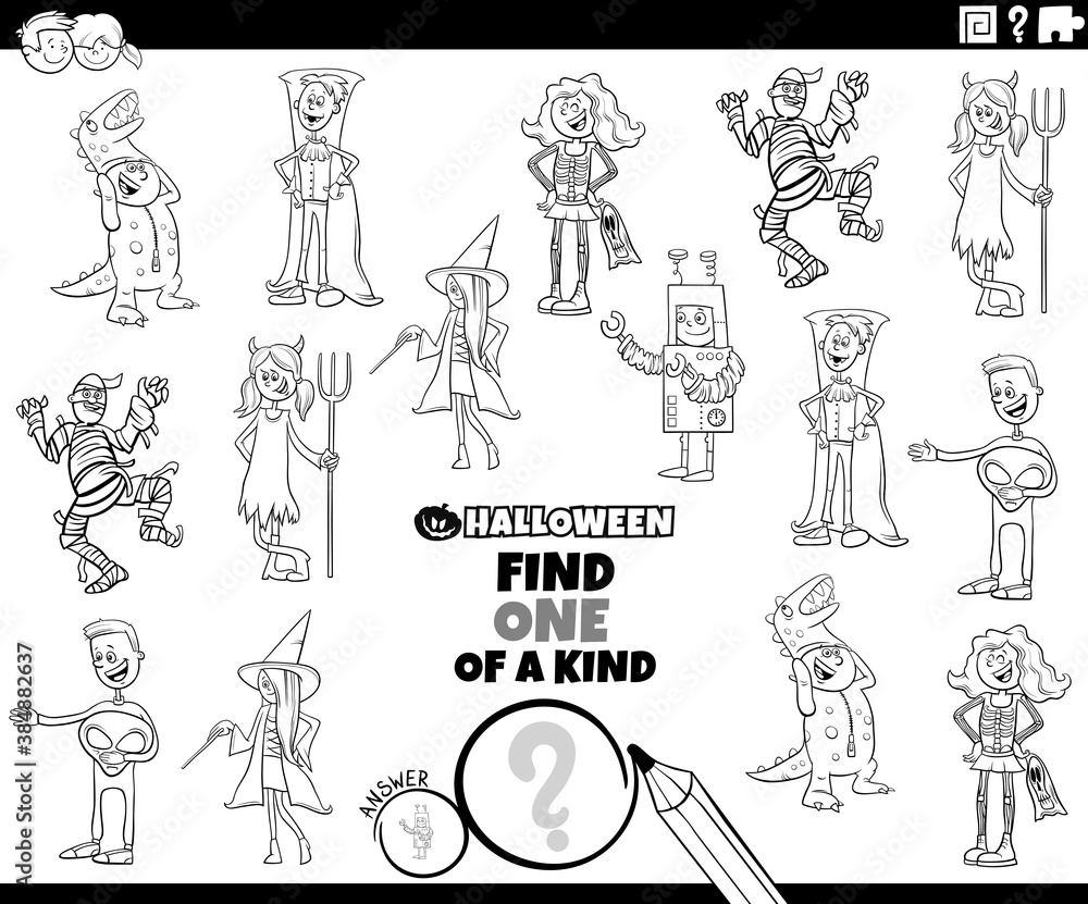 one of a kind task with Halloween characters coloring book page one of a kind task with Halloween characters coloring book page