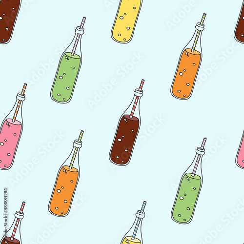 Seamless vector pattern with cute hand drawn colorful soft soda drink bottles isolated on green background. Bright background for poster, package, advertising, fabric, wallpaper, textile, banner, web.