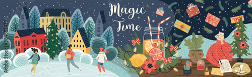Set of Christmas and Happy New Year illustrations. Vector design banner.