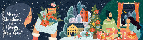 Set of Christmas and Happy New Year illustrations. Vector design banner.