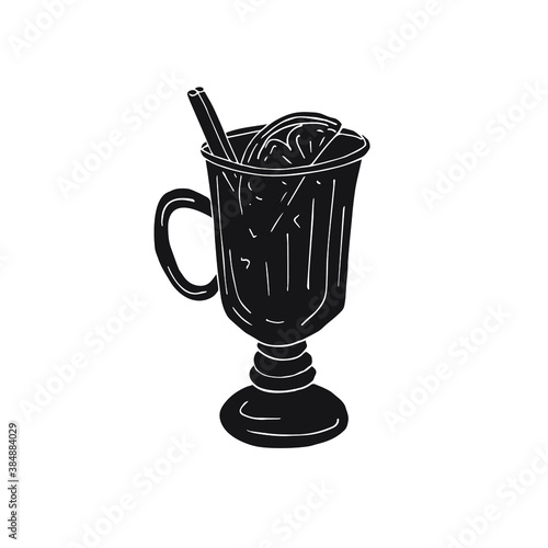 Vector hand drawn doodle sketch black mulled wine glass isolated on white background