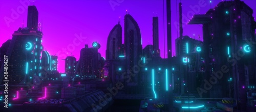Neon futuristic city. Urban future. Purple neon night in a city of a future with blue neon lights. Futuristic skyscrapers with bright glowing. Cyberpunk scene. 3D illustration.