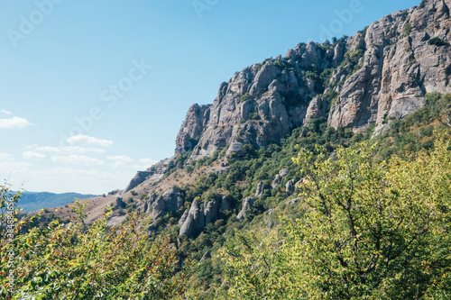 Ridge of brown rocks covered with greenery against a blue sky © olgalisa88