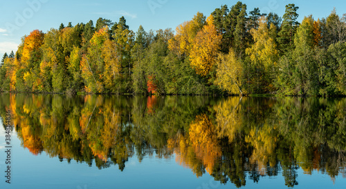 Colorful panorama view of autumn colored trees along a river in Sweden