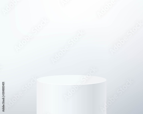 Podium, 3d vector stage pedestal or platform. White stage on white background. White cylinder template. 3d base stand podium or studio pedestal for show cosmetic product.