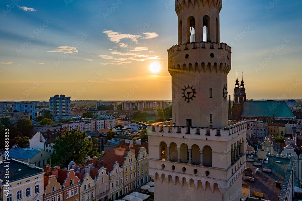Aerial drone view on Opole city center and old town.