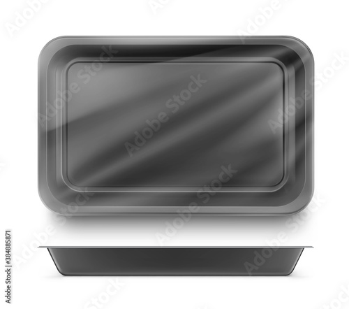 Horizontal tray container mockup. Vector illustration isolated on transparent background. Layered template file easy to use for your promo product: meat of animals, chicken, fish. EPS10	