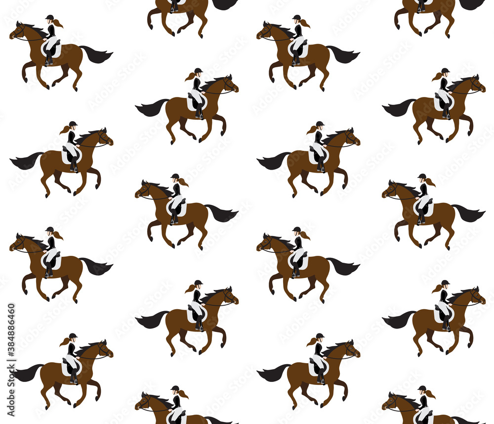 Vector seamless pattern of flat cartoon girl woman riding a galloping chestnut brown horse isolated on white background