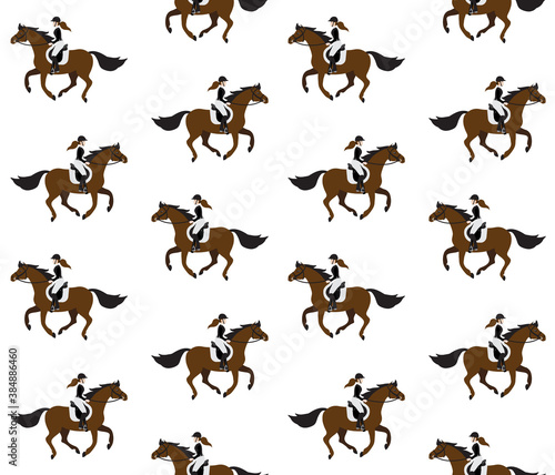 Vector seamless pattern of flat cartoon girl woman riding a galloping chestnut brown horse isolated on white background