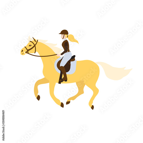 Vector flat cartoon blond girl woman riding a galloping horse in show jumping competition isolated on white background
