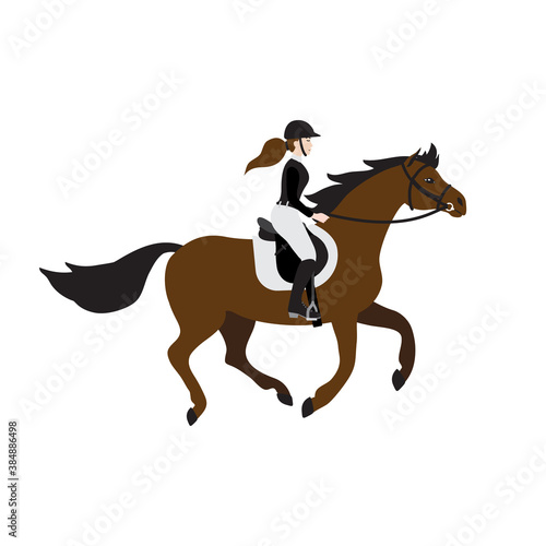    Vector flat cartoon girl woman riding a galloping chestnut brown horse in show jumping competition isolated on white background