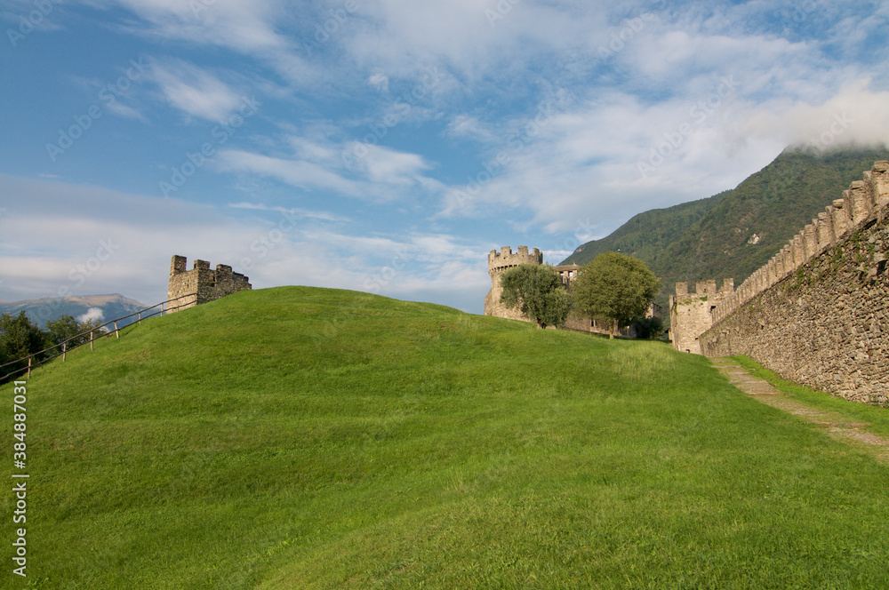 Stone walls of the Montebello castle in Bellinzona