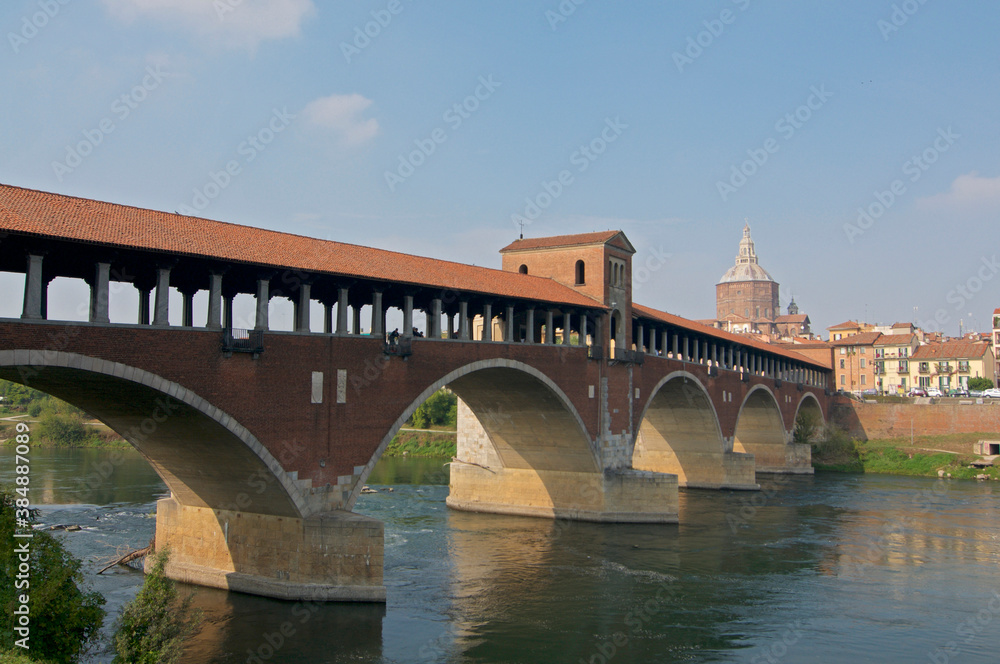 View of the Ponte Coperto bridge and the Cathedral of Pavia