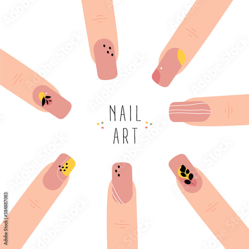 Poster with template fingernails and patterns painted on them. Abstract nail art. Trendy manicure art. Nude nail polish. Vector illustration isolated on white background.