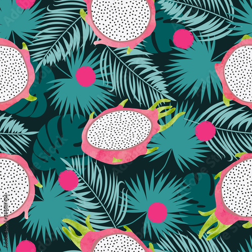 Tropical vector pattern with dragon fruit and jungle leaves. Summer background.