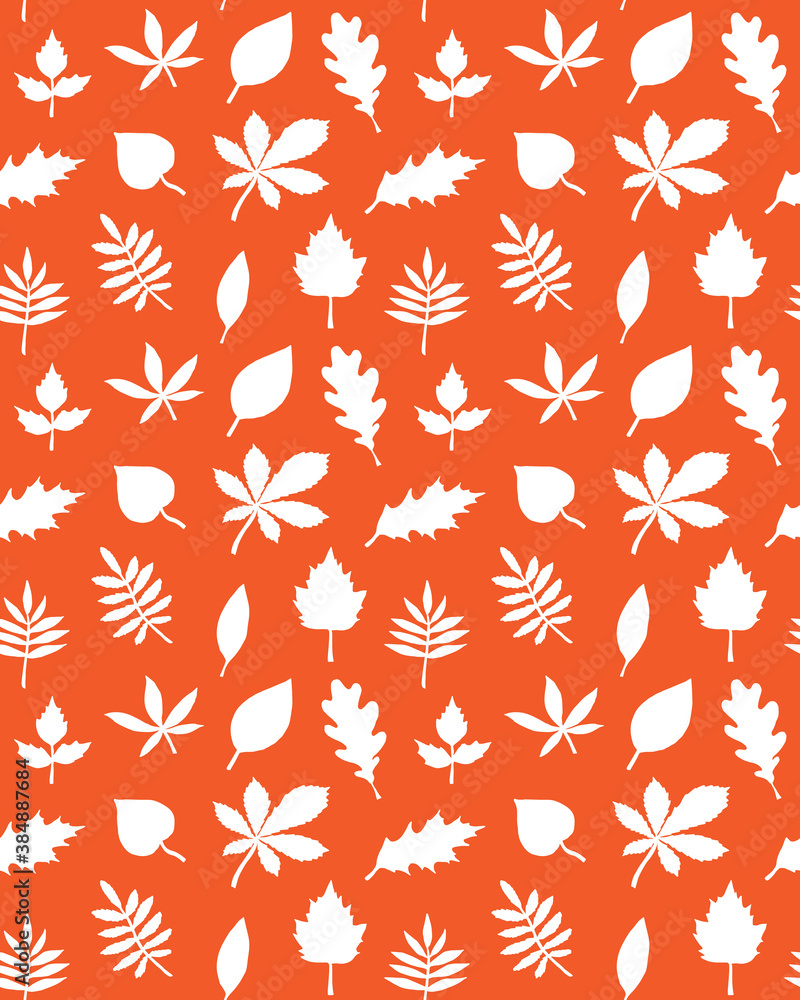 Vector seamless pattern of white hand drawn leaves silhouette isolated on orange background Vector seamless pattern of white hand drawn leaves silhouette isolated on orange background