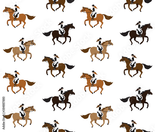 Vector seamless pattern of different flat cartoon girl woman riding a galloping chestnut brown horse isolated on white background