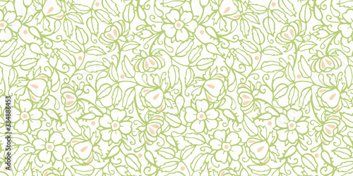 Retro wild rose leaf pattern. Vintage folksy line art floral design. Green outline plant on white background. Elegant nature background. Perefect for event, wedding and gift wrap.
