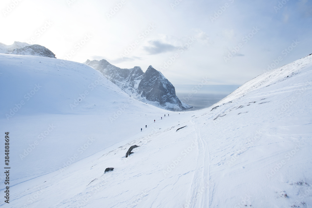 Winter landscape on the Lofoten. Mountain range in Norway. Travel during the winter. 