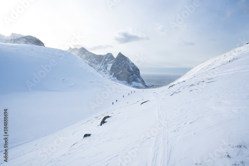 Winter landscape on the Lofoten. Mountain range in Norway. Travel during the winter. 