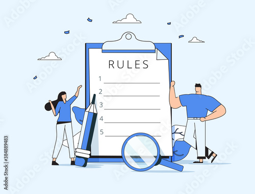 Rules illustration. Flat tiny regulations checklist persons concept. Restricted graphic writing with law information.