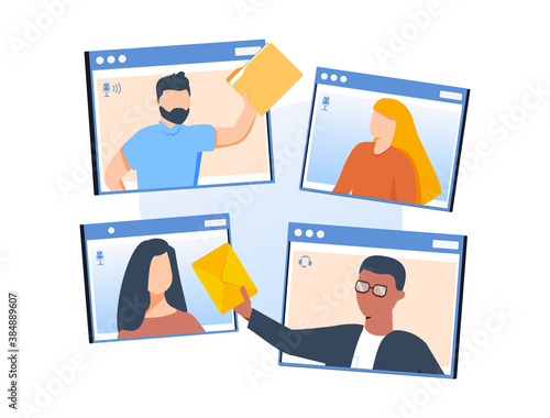 Video call conference, working from home, social distancing, business discussion, colleagues sharing materials