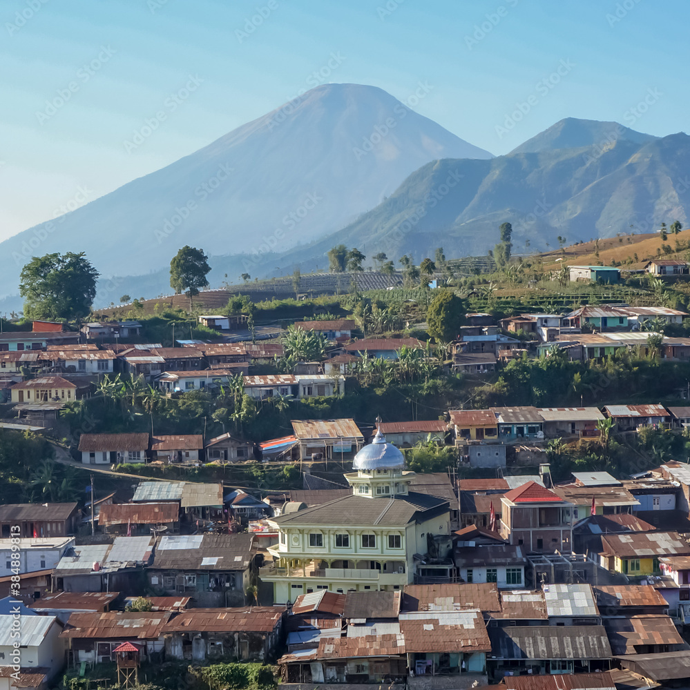 Beautiful scenery of Campurejo village in Temanggung district, Central Java, Indonesia, Mount Sindoro and Sumbing as the background