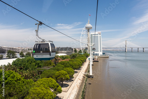 Beautiful view to cable car over city in Parque das Nacoes area photo