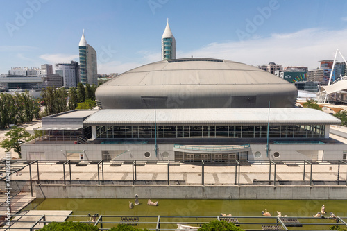 Beautiful view to round modern buildings in Parque das Nacoes area photo