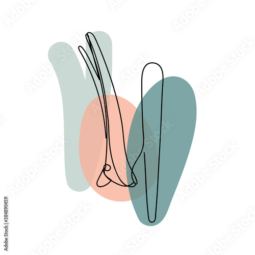 Abstract image with continuous black line of hairpins with colorful abstract stains. Isolated on white.