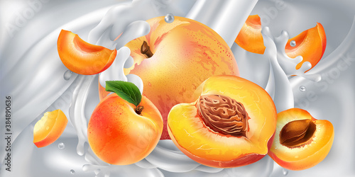 Apricots and peaches in a stream of milk or yogurt.