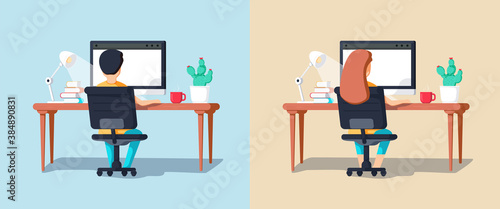 Working at home, coworking space, concept illustration. Young people, man and woman freelancers working on laptops.