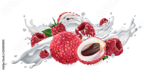 Lychee and raspberries in a yogurt or milk splash.