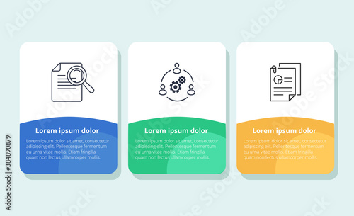 Three square elements or rectangular frames placed in horizontal row. Visualization of 3-stepped business process.
