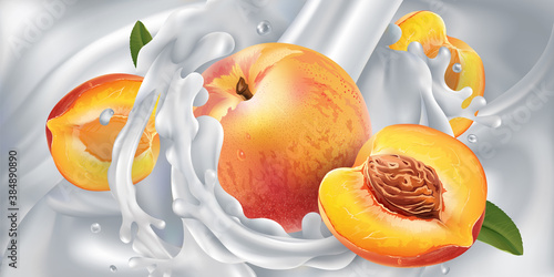 Peaches in a stream of milk or yogurt.