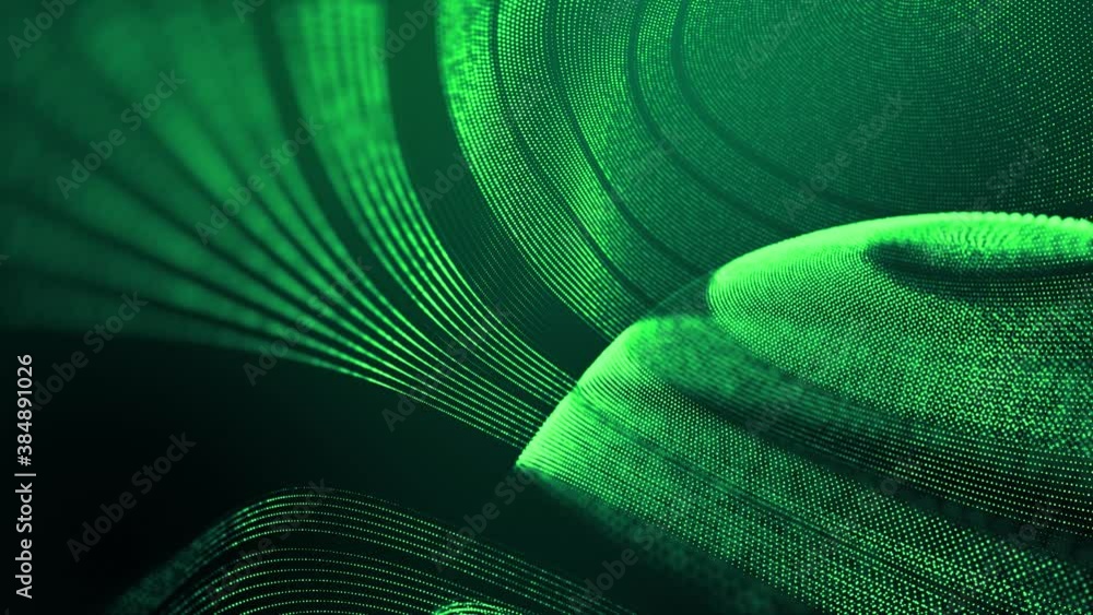 4k looped abstract green background of glow particles form lines, surfaces, round structures as futuristic landscape in cyberspace or hologram. Sci-fi theme with DOF, lighting effects and bokeh.